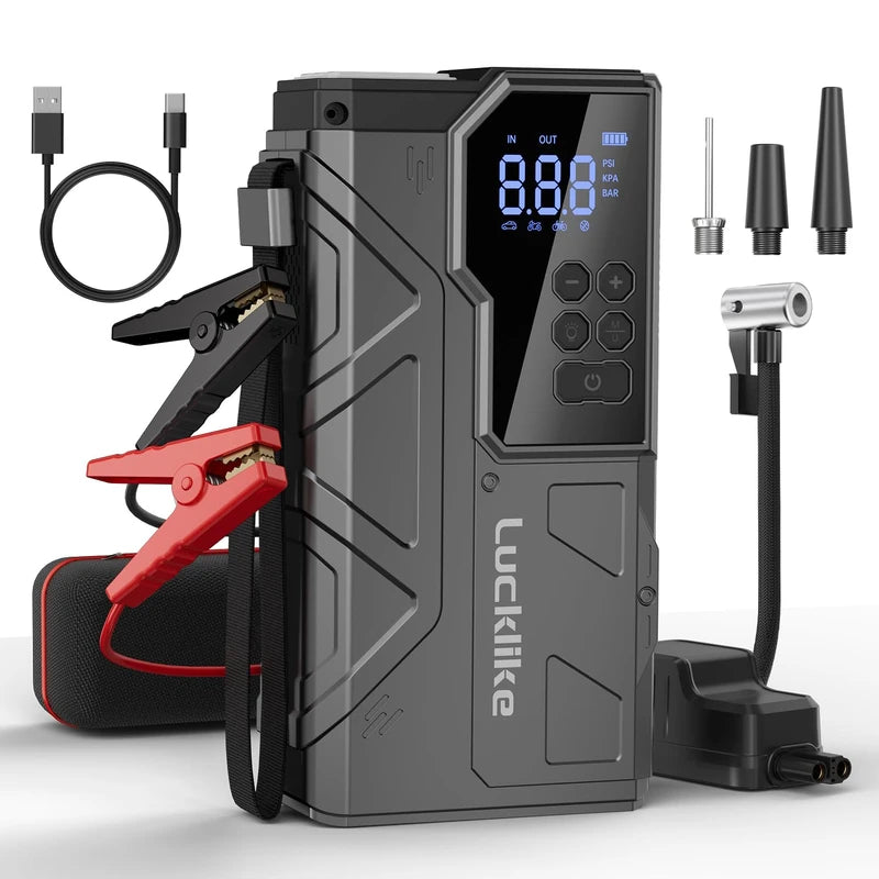 【New】 Lucklike Jump Starter with Air Compressor, 4000A Portable Car Battery Jumper Starter Pack for 10L Gas and 8L Diesel, Tire Inflator with Presssure Detection, 12V Jump Box with 3 Modes Flashlight