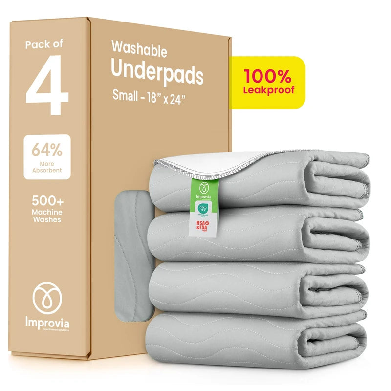 IMPROVIA® Washable Underpads, Heavy Absorbency Reusable Incontinence Pads for Kids, Adults, Elderly, and Pets - Waterproof Protection for Bed, Sofa, Furniture, Floor Gray & White (4 Pack - 18x24)