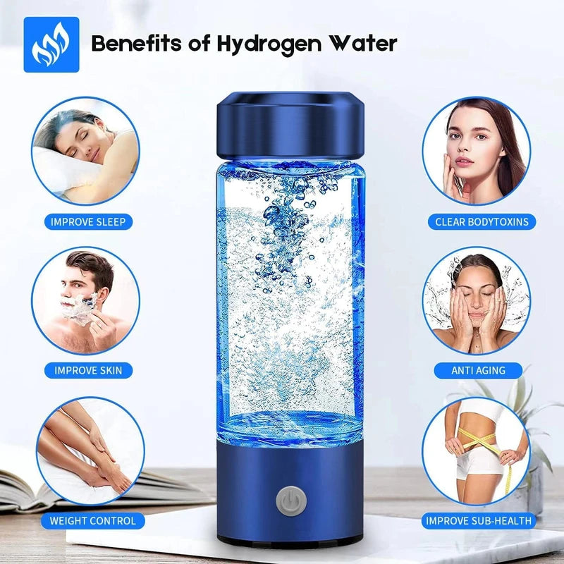 Hydrogen Water Bottle, Portable Hydrogen Water Ionizer Machine, Hydrogen Water Generator, Rechargeable Hydrogen Rich Water Glass Health Cup for Home Travel (Blue)