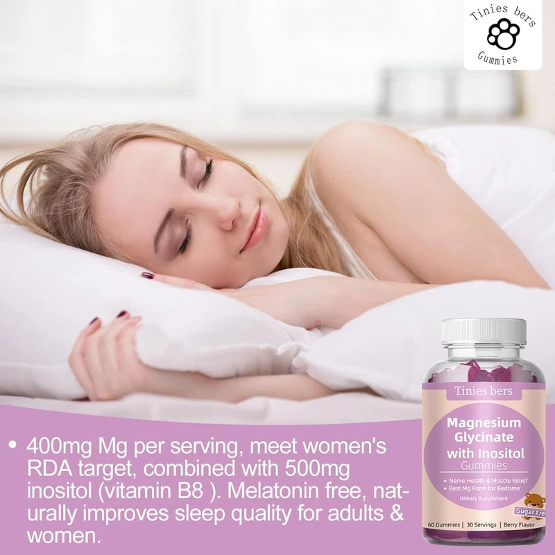 Magnesium Glycinate Gummies 400mg with Inositol 500mg - Sugar-Free, Vegan, Non-GMO - Supports Sleep, Stress Relief, Muscle & Metabolism Health - No Melatonin, Gluten-Free - 60 Pectin Gummies