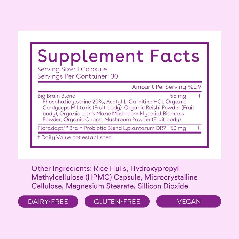 Love Wellness Nootropics Brain Support Supplement, Big Brain Probiotics | Brain Function, Focus, Cognitive Health, & Healthy Mood | Organic Reishi, Chaga, & Lions Mane Mushrooms | Vegan | 30 Capsules