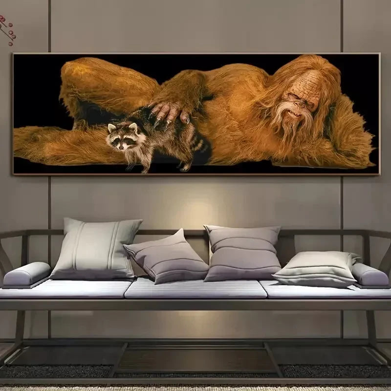 Unbranded Bigfoot with Raccoon - Unframed Canvas Print - 60" x 20" - Sasquatch at his Best