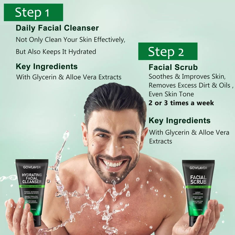 GOWLAVER All In One Men's Skin Care Set Facial Cleanser Toner Scrub Serum Moisturizer