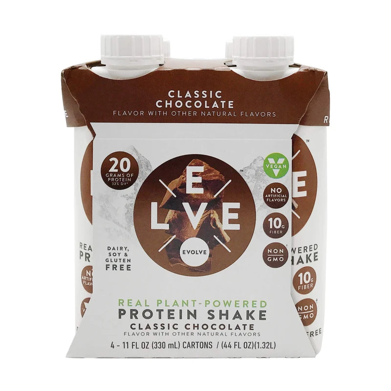 Evolve Plant Based Protein Shake, Double Chocolate, 20g Vegan Protein, Dairy Free, No Artificial Sweeteners, Non-GMO, 10g Fiber, 11oz, (4 Pack)