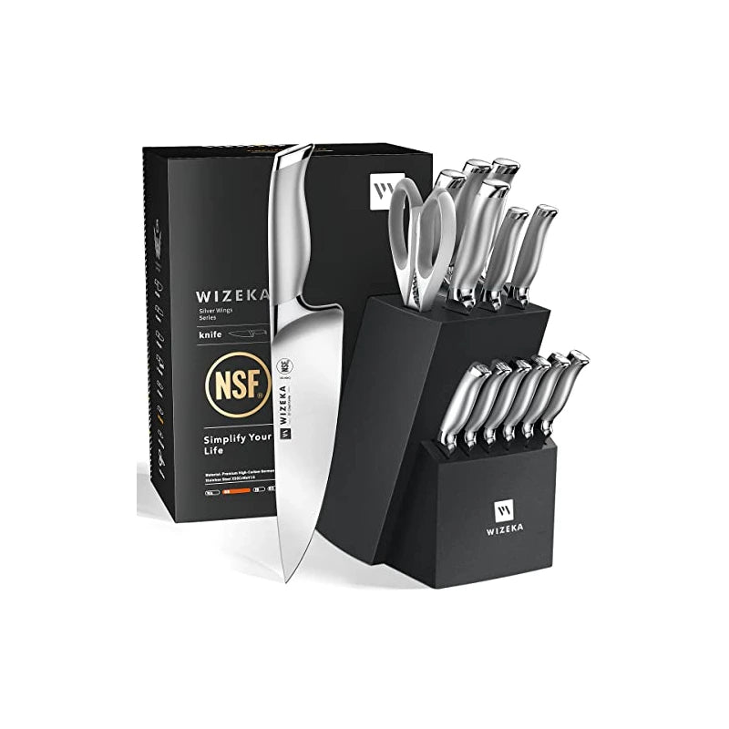 WIZEKA Knife Set,15pcs NSF Certified 1.4116 German Steel Kitchen Knife Set, Premium Knife Block Set in One Piece Design, Knives Set for Kitchen with Build-in Sharpener, Silver Wings Series