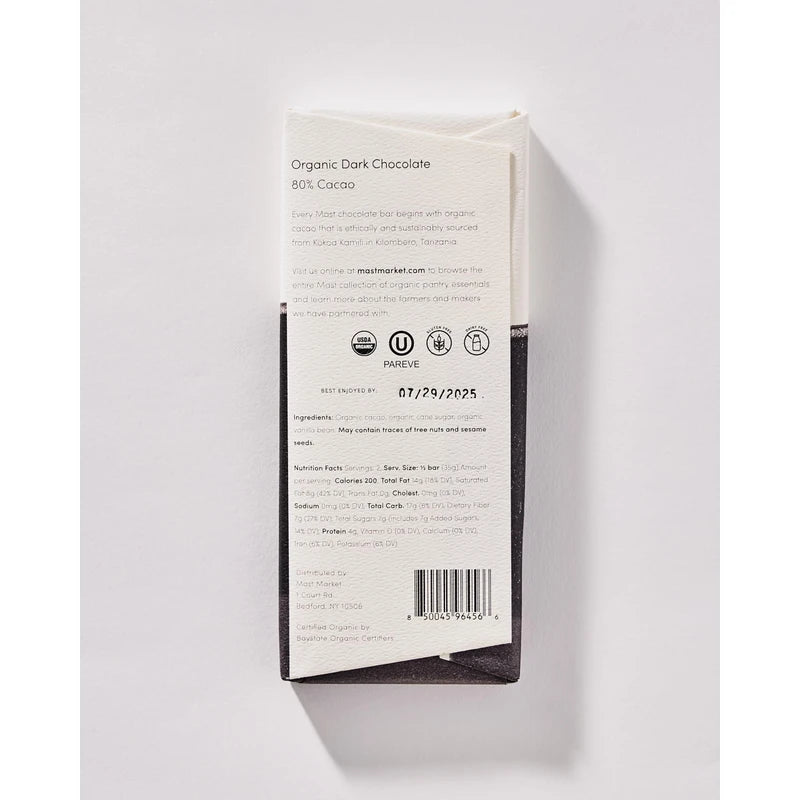 Mast Chocolate Bars | 6 pack | Organic, Kosher | Classic 2.5oz each (6 Bars, Organic Dark Chocolate 80% Cacao)
