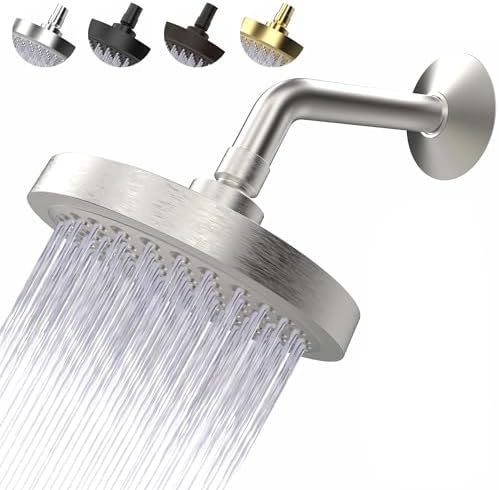 High Pressure Shower Head - Anti-Clogging Silicone Nozzles - 2.5 GPM Removable Restrictor - Easy to Clean Adjustable Replacement - easy to install with Plumbers Tape - 6 inch - Brushed Nickel Finish