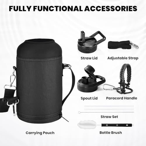 Insulated Water Bottle 64 oz, Triple Wall Vacuum Stainless Steel (Cold for 48 Hrs), Leak Proof & Non-BPA, Half Gallon Water Flask Jug with Paracord Handle & Straw Spout Lids, Dark Gray