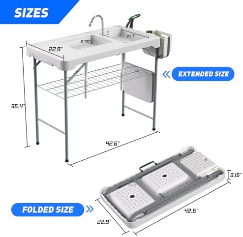 Fish Cleaning Table with Sink 42.6" Width Portable Folding Camping Table with Measure Mark|Outdoor Fish Cleaning Station with Grid Rack&Fish Cleaning Kit for Picnic, Patio