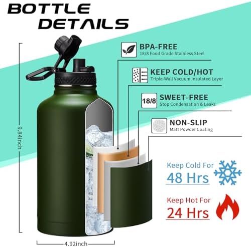 64oz Insulated Water Bottle with Straw & Auto Spout Lid - (Cold 48H & Hot 24H) Half Gallon Stainless Steel Water Jug with Paracord Handle, Metal Tactical Military Water Flask with Carrier Strap Bag