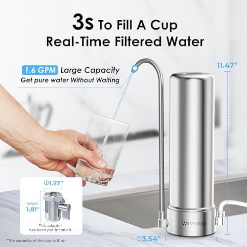 Waterdrop Countertop Water Filter, NSF/ANSI 42&372 Certified,5-Stage Stainless Steel Faucet Water Filter for 8000 Gallons, Reduces Heavy Metals, Bad Odor and 99% Chlorine,WD-CTF-01(1 Filter Included)