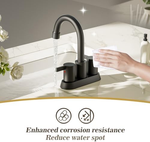 Phiestina 4 Inch 2 Handle Centerset Matte Black Lead-Free Modern Bathroom Faucet, 360 Swivel Spout 2-3 Hole RV Bathroom Vanity Sink Faucet with Pop Up Drain and Water Supply Lines,BF015-1-MB