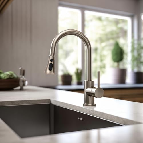 Hibbent Pull Down Kitchen Faucet Head Replacement, 3-Function Kitchen Faucet Head Sink Spray Nozzle with 15 Adapters Compatible with Moen, American Standard, Delta, Kohler Faucets, Brushed Nickel