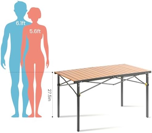 Portable Outdoor Camping Table Large for 2-6 Person - Foldable Camp Table with Aluminum Roll-Up Top & Carry Bag for BBQ, Tailgating, Backyard, 220 Lbs Capacity, Stable & Sturdy (Natural)