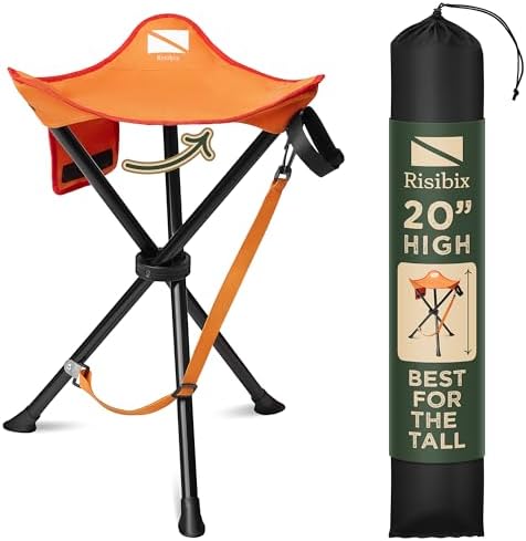 Foldable Tripod Stool - Ultra Portable Seat for Tall People, 20” High - Hunting Chair & Hidden Zippered Pocket - 2 lb Camping Stool, 3 Legged Strong Steel Stool Holds up to 200 lb (Orange)