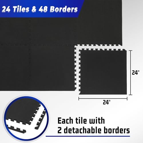 SUPERJARE 0.56'' Thick 24 Pcs 96 Sq Ft Rubber Top Exercise Equipment Mats, High Density EVA Foam Mats with Rubber Top, Interlocking Gym Flooring for Home Gym, Protective Workout Mat, Black