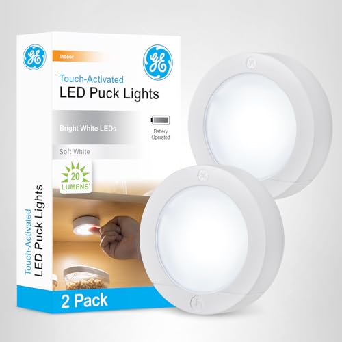 GE Wireless LED Puck Lights, Battery Operated, 20 Lumens, Touch Light, Tap Light, Stick On Lights, Under Cabinet Lighting, Ideal for Kitchen Cabinets, Closets, Garage, 6 Pack, 45994