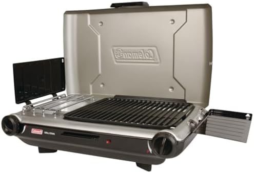 Coleman Tabletop 2-in-1 Grill & Stove with 2 Adjustable Burners, Propane Grill/Stove with Push-Button Starter, Wind Guards, Grease Tray, & 20,000 BTUs of Power for Camping, Tailgating, & More