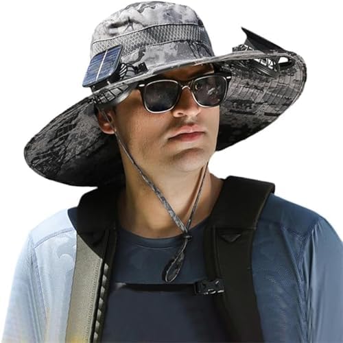 Wide Brim Solar Fan Hat Outdoor Fishing Hat with Fan Built in Sombrero para el Sol Hombre Waterproof Removable Outdoor Solar Fan Hats for Men Solar & USB Charging (US, Alpha, One Size, Color F)