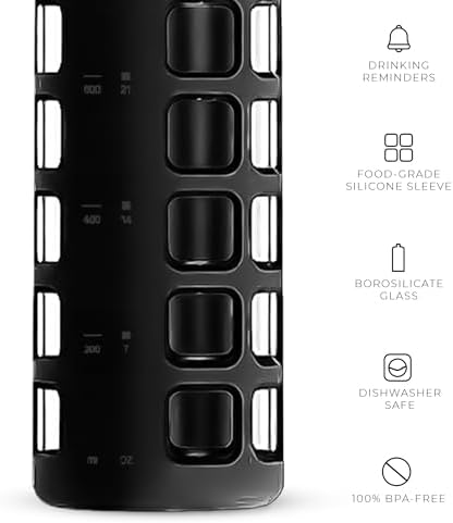 purifyou 40/32 / 22/12 oz Glass Water Bottles with Volume & Times to Drink, Extra Thick Silicone Sleeve, Reusable Bottle for Fridge Water, Milk, Juice (32oz Jet Black)