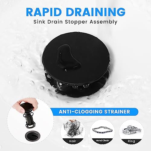 Bathroom Sink Drain with Overflow, Universal Bathroom Sink Stopper for Bathroom Vanity Vessel Sink, Rapid Draining Plastic Pop-up Sink Drain with Hair Catcher Anti-Clog Strainer, 2 Pack, Matte Black