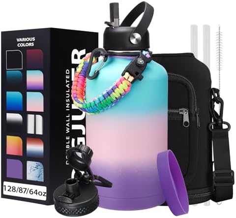 64OZ Insulated Water-Bottle with Paracord-Handle - Half Gallon Water Bottle Jug with Straw & Spout Lids, Bottle Sleeve & Boot, Keep Cold-48h Hot-24h for Fitness Camping Hunting, Hiking