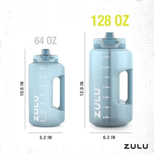 ZULU Goals Large Water Bottle Jug with Time Marker & Handle for All Day Hydration | Silicone Soft Straw with Locking Leak-Proof Lid | For Gym, Camping, Workout, and Outdoors | BPA-Free | 64oz, 128oz