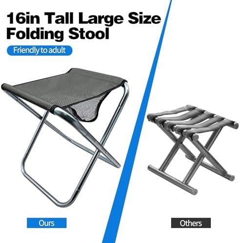 2 Pack Camping Stool, 16in Tall Large Size Folding Stool with Carry Bag, Aluminum Alloy Bracket, 1.5lbs Lightweight, Load Capacity to 300lbs, for Travel, BBQ, Fishing(2 Pack Grey)