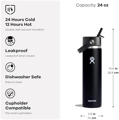 HYDRO FLASK Wide Mouth vacuum insulated stainless steel water bottle with leakproof closeable straw lid for cold water drinks, sports, travel, car and school