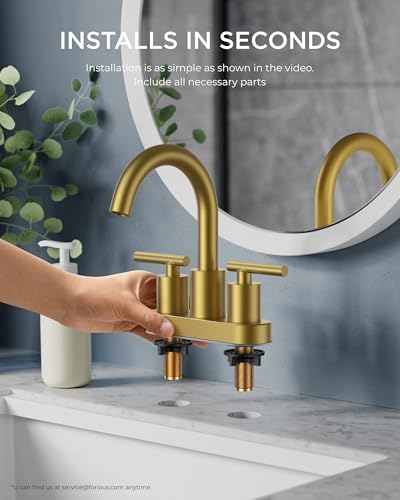 FORIOUS 4" Brushed Gold Bathroom Faucet Centerset 4 Inch, 2 Handle 2 Hole Gold Faucets for Bathroom Vanity wtih Metal Pop Up Dain, CUPC Supply Hose, High Arc Swivel Spout