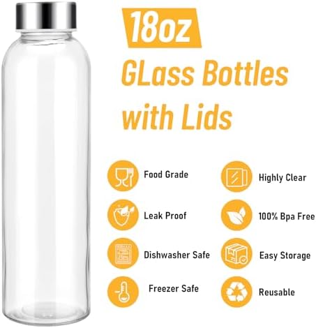 Sursip 18oz Glass Water Bottle Set of 6, Clear glass juice bottle for juicing,Reusable Drinking Bottles with Stainless Steel Lid,Beverage Storage Containers for Refrigerator-BPA Free,Leak Proof
