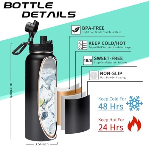 Vacuum Insulated Water Bottle 40oz - w/Straw Lid & Spout Lid, Carrier Bag, Paracord Handle, Bottle Boot, Stainless Steel Water Bottle for Adults, Wide Mouth Thermo Bottle Flask Cold-48H Hot-24H