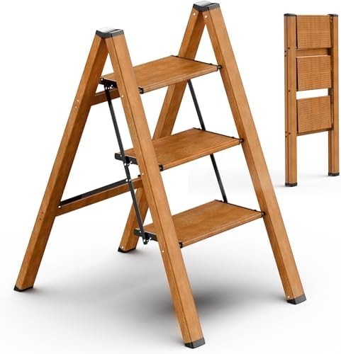 3 Step Ladder, Folding Step Stool with Anti-Slip Wide Sturdy Pedal and Handgrip, Multi-Use for Home and Kitchen Use, Space Saving-Woodgrain(300 lbs Capacity)