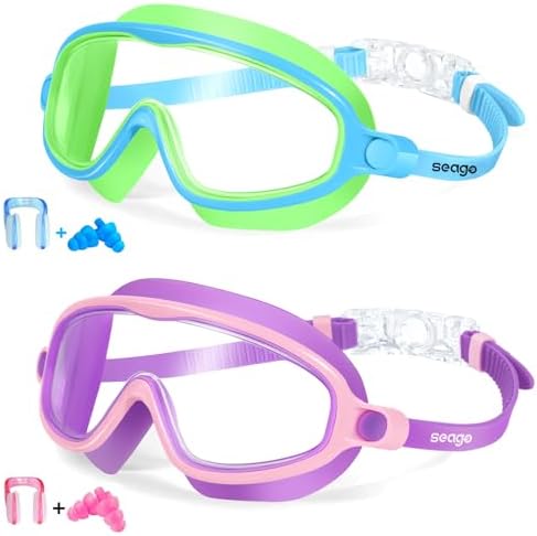 Seago Swim Goggles 2 Pack Anti-Fog Anti-UV Wide View Swimming Goggles for Kids 3-15