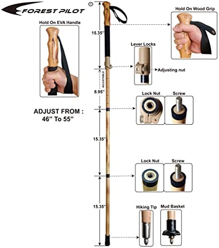 Trekking Poles- 1-pc Pack - Adjustable Hiking or Walking Stick –Strong, Natural Beech Wood - Quick Adjust Flip-Lock - Beech Wood Grip, Leather Strap