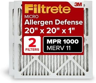 Filtrete 20x20x1 AC Furnace Air Filter, MERV 11, MPR 1000, Micro Allergen Defense, 3-Month Pleated 1-Inch Electrostatic Air Cleaning Filter, 2 Pack (Actual Size 19.719 x 19.719 x 0.84 in)