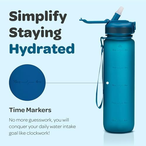 Hydracy Water Bottle with Time Marker -Large BPA Free Water Bottle & No Sweat Sleeve -Leak Proof Gym Bottle with Fruit Infuser Strainer & Times to Drink -Ideal for Fitness Sports & Outdoors