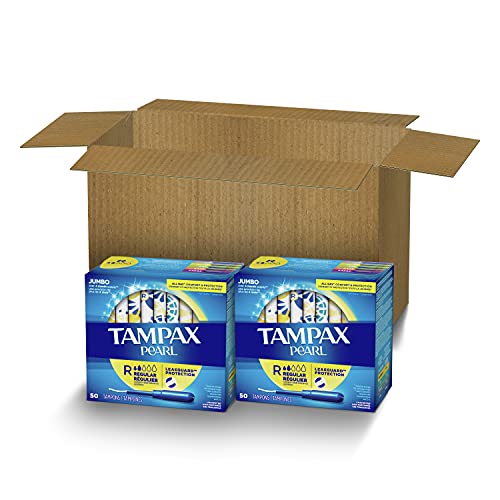 Tampax Pearl Tampons Regular Absorbency, with Leakguard Braid, Unscented, 50 Count x 2 Packs (100 Count Total)