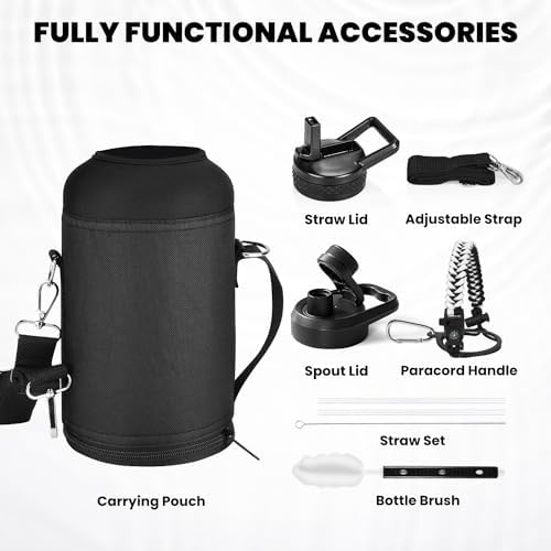 Insulated Water Bottle 64 oz, Triple Wall Vacuum Stainless Steel (Cold for 48 Hrs), Leak Proof & Non-BPA, Half Gallon Water Flask Jug with Paracord Handle & Straw Spout Lids, White/Black