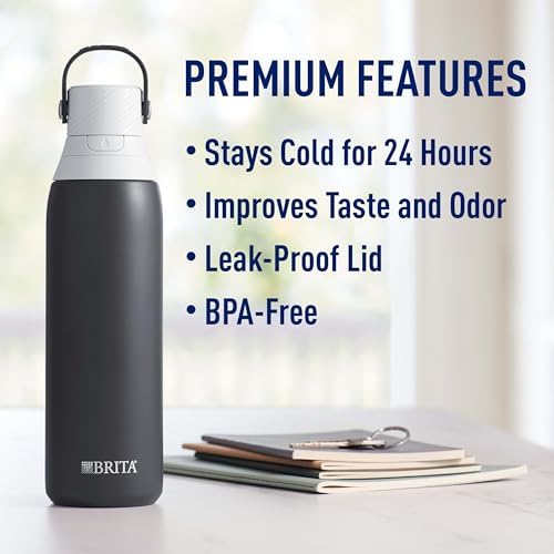 Brita Stainless Steel Premium Filtering Water Bottle, BPA-Free, Reusable, Insulated, Replaces 300 Plastic Water Bottles, Filter Lasts 2 Months or 40 Gallons, Includes 1 Filter, Carbon - 20 oz.
