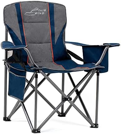 FAIR WIND Oversized Fully Padded Camping Chair with Lumbar Support, Heavy Duty Quad Fold Arm Chair with Cooler Bag - Support 450 LBS,Blue
