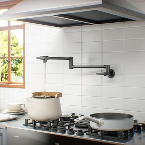 WOWOW Pot Filler Faucet Matte Black, Brass Pot Filler Wall Mount Kitchen Stove Faucet with Double Joint Swing Arms