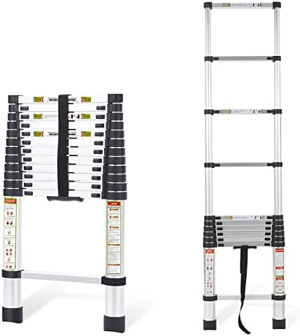 RIKADE Telescoping Ladder 12.5FT & Attic Ladder, Heavy Duty Aluminum with Non-Slip Feet, 330lb Capacity for RV, Attic, Roof & Multi-Surface Use