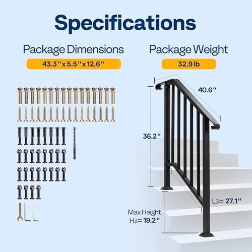 VIVOHOME 2-Pack Wrought Iron Hand Rails for Outdoor Steps β 27.1" Curved Ends and Safety Balusters Exterior Railing Kit for Porch, Deck, or Indoor Stairs (3-Step, Black)