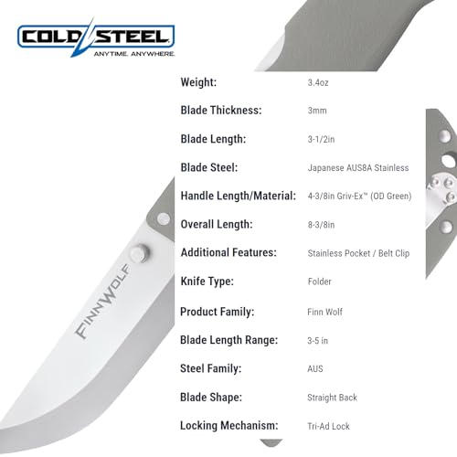 COLD STEEL Finn Wolf 3.5in AUS8A Razor-Sharp Straight Back Blade 4.375in Griv-Ex OD Green Handle Hunting Folding Knife, Boxed