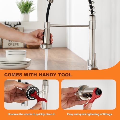 with 15 Adapters Pull Down Kitchen Sink Faucet Head Replacement, 3 Functions Plastic Kitchen Sink Sprayer Nozzle Replacement for Kitchen Faucet, Pause Mode (Brushed Nickel)