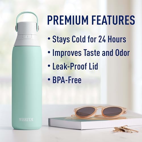 Brita Stainless Steel Premium Filtering Water Bottle, BPA-Free, Reusable, Insulated, Replaces 300 Plastic Water Bottles, Filter Lasts 2 Months or 40 Gallons, Includes 1 Filter, Glacier - 20 oz.