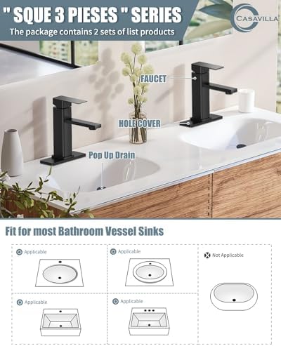 Bathroom Faucets Set with Pop Up Drain, Modern Single Handle Black Bathroom Sink Faucet w/Deck Plate(1 or 3 Hole), Farmhouse RV Vanity Sink Faucet-2 Sets, baño lavamanos Llave