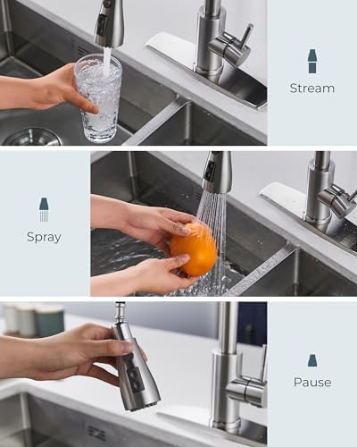 FORIOUS Kitchen Faucets with Soap Dispenser and Pull Down Sprayer, Brushed Nickel, High Arc Single Handle Classic 3 Modes Stainless Steel Faucet for Kitchen Sink Farmhouse RV Bar Laundry Camper