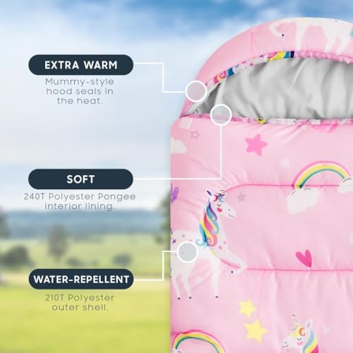 Wake In Cloud - Kids Sleeping Bag for Girls Toddlers, Camping in Warm Cold Weather, Backpacking Lightweight Compact Outdoor Liner for 3 Seasons Summer Spring Fall